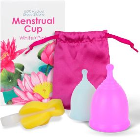 Silicone Menstrual Cup S/L, Pack of 2 Period Cups for Women Heavy Flow, Normal Flow, Pink and Transparent Period Cup Reusable + Storage Bag and Brush